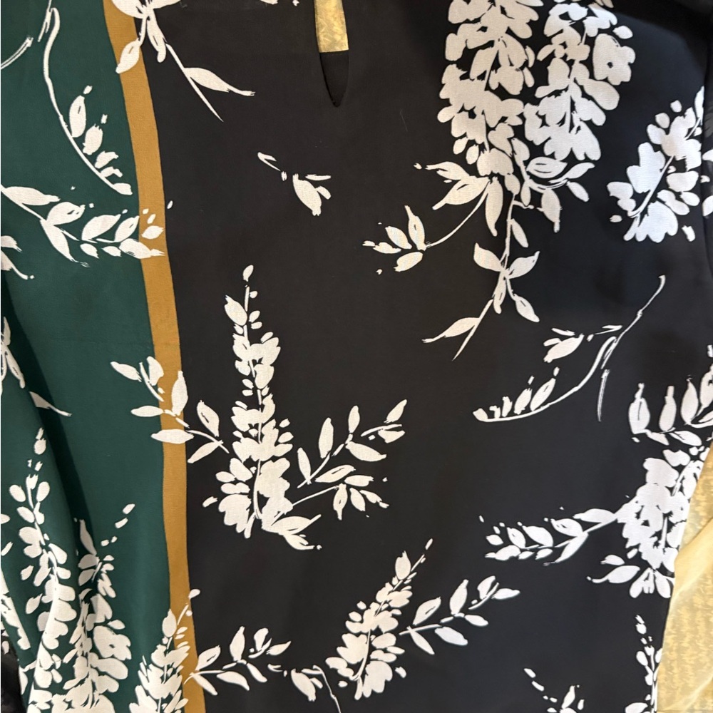 Calvin Klein Black Blouse with White Floral and Gold Accents